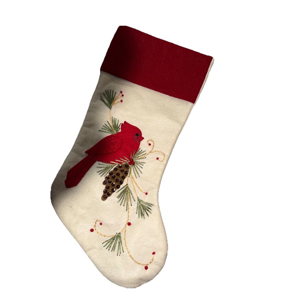 Christmas Stocking Cardinal Birds Ribbon Embroidery Cream Velvet Red Cuff 20" A